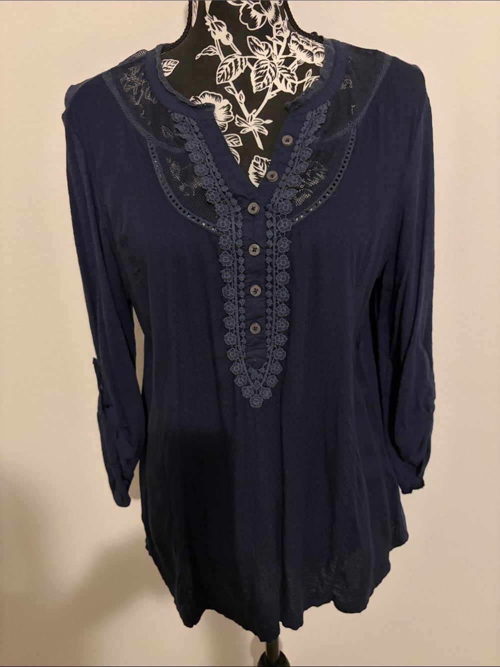 Vintage America Navy Crochet-Trim Henley Tunic